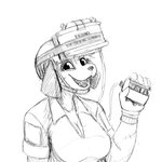 1:1 2020 anthro armor bomb breasts canid canine canis claymore claymore_mine cleavage clothed clothing detonator doing_it_wrong domestic_dog explosives female happy headgear helmet hi_res hladilnik mammal military monochrome open_mouth open_smile samantha_thott scar sketch smile solo suicide_bomber too_dumb_to_live