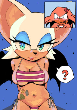 anthro bikini blue_eyes blush breasts cleavage clothed clothing duo eyepatch_bikini female male male/female skimpy swimwear tattoo two-piece_swimsuit wings ironicnotsavage sega sonic_the_hedgehog_(series) knuckles_the_echidna rouge_the_bat bat echidna mammal monotreme hi_res