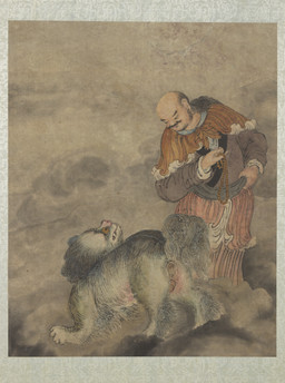 5_fingers anus asian_clothing backsack balls beads beard cape chinese_clothing clothed clothed_human clothed_male clothing digitigrade duo ear_piercing ear_ring east_asian_clothing eye_contact facial_hair fangs feral fingers fog fur genitals hair hanfu holding_object humanoid_hands looking_aside looking_at_another looking_down looking_down_at_another looking_up_at_another male male_feral male_human mustache piercing prayer_beads quadruped raised_tail rear_view religion ring_piercing robe sash shaved_head simple_background smoke standing tail teeth yellow_sclera zheng_zhong buddhism vajraputra felid human lion mammal pantherine 17th_century absurd_res ancient_art hi_res painting_(artwork) traditional_media_(artwork) traditional_painting_(artwork)