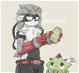 anthro belt bottle bottomwear clothing container cybernetic_arm cybernetic_limb duo female fur green_body green_scales grey_body grey_fur grey_hair hair male mask mechanical_arm pants question_mark red_eyes scales star teeth text tongue tongue_out white_body white_fur yellow_body yellow_scales slavv0 bandai_namco digimon digimon_beatbreak l'oreal digimon_(species) gekkomon wolvermon 2026 digital_media_(artwork) english_text hi_res