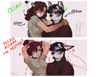 anthro biped blush breasts clothed clothed_anthro clothed_female clothed_male clothing duo female fingers fur hair male simple_background smile stripes text verification nelly63 face_verification_meme nitef_(nelly63) virgina_cowell canid canine canis domestic_cat felid feline felis mammal wolf 2026 comic digital_drawing_(artwork) digital_media_(artwork) english_text hi_res