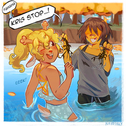 ambiguous_gender anthro antlers band-aid band-aid_on_face band-aid_on_nose bandage bandage_on_face bandage_on_nose biped blonde_hair blush blush_lines border brown_body brown_fur brown_hair buckteeth clothed clothing detailed_background dialogue duo female forest fur giggling hair hair_over_eyes horn lake laugh missing_tooth multicolored_body multicolored_fur one_eye_closed onomatopoeia open_mouth open_smile outside plant playful ponytail scut_tail short_tail smile sound_effects speech_bubble swimming swimwear tail teeth text tree two_tone_body two_tone_fur white_body white_border white_fur yellow_body yellow_skin natotally deltarune undertale_(series) kris_dreemurr noelle_holiday ambient_arthropod ambient_crustacean ambient_sealife deer human mammal new_world_deer 1:1 2025 digital_drawing_(artwork) digital_media_(artwork) english_text hi_res signature