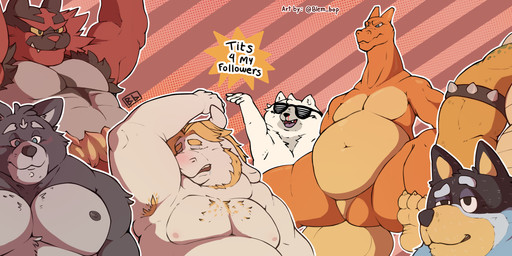 anthro armpit_hair belly biceps big_muscles black_body black_nose blonde_hair blue_body blue_eyes body_hair bracelet facial_piercing feet fur group hair horn huge_muscles jewelry labret_piercing lip_piercing male male/male musclegut muscular muscular_anthro muscular_male musk navel nipples orange_body overweight overweight_anthro overweight_male pecs piercing red_body simple_background teeth text white_body yellow_body blem-bop adastra adastra_(series) bluey_(series) echo_project mario_bros mythology nintendo pokemon undertale undertale_(series) amicus_(adastra) asgore_dreemurr bandit_heeler bowser australian_cattle_dog bovid canid canine canis caprine cattledog charizard domestic_cat domestic_dog dragon felid feline felis generation_1_pokemon generation_7_pokemon goat herding_dog incineroar mammal mythological_creature mythological_scalie pastoral_dog pokemon_(species) reptile scalie turtle wolf absurd_res crossover english_text hi_res
