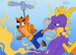 blue_background blue_eyes clothed clothing duo fight fire fur gradient_background kick male one_eye_closed orange_body orange_fur propeller purple_body purple_scales scales simple_background smile thin_calves thin_legs thin_thighs topless yellow_body yellow_skin soulcentinel activision crash_bandicoot_(series) death_battle mythology spyro_the_dragon crash_bandicoot spyro bandicoot dragon mammal marsupial mythological_creature mythological_scalie scalie crossover hi_res