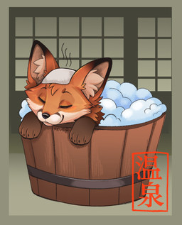 4_toes ambiguous_gender bath bathing black_nose border brown_body brown_fur bubble cheek_tuft circle_eyebrows closed_smile eyebrows eyes_closed facial_tuft feet feral fur head_tuft hot_spring inner_ear_fluff mouth_closed neck_tuft onsen orange_body orange_fur red_text smile solo tan_body tan_fur tan_inner_ear_fluff text toes towel towel_on_head tuft water yellow_border feve canid canine fox mammal red_fox true_fox 2026 hi_res icon japanese_text