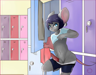 animal_genitalia anthro big_ears biped blue_eyes blue_hair bottomwear bottomwear_down clothed clothing clothing_lift erection femboy fur genitals grey_body grey_fur hair locker locker_room looking_at_viewer male on_one_leg panties panties_down partially_clothed penis sheath shirt shirt_lift shorts shorts_down shota smile solo standing teasing topwear underwear underwear_down undressing wide_hipped_male wide_hips young young_male harumi leo_(gedros) house_mouse mammal mouse murid murine rodent 2014 digital_media_(artwork) hi_res