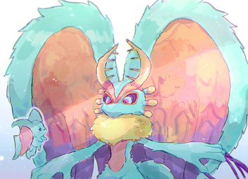 ambiguous_gender antlers big_ears biped bipedal_feral blue_eyes blush blush_stickers chest_tuft colored_nails countershade_torso countershading digitigrade duo eye_contact feral fingernails fluffy fluffy_tail fur head_wings horn huge_wings looking_at_another mouthless multicolored_body multicolored_eyes multicolored_fur nails neck_tuft notched_ear orange_body orange_fur pink_eyes pupils purple_fingernails purple_nails purple_sclera semi-anthro simple_background size_difference tail tan_body tan_fur teal_body teal_eyes teal_fur tuft unusual_wing_placement white_background wings chii_mako kirby_(series) kirby_and_the_forgotten_land nintendo elfilin fecto_elfilis alien chinchillid mammal rodent starling_(kirby) digital_drawing_(artwork) digital_media_(artwork) male_(lore)