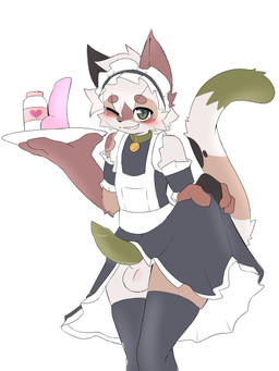 accessory anthro bottomwear clothed clothing collar crossdressing dildo femboy genitals green_eyes green_penis headband lube_bottle maid_uniform male one_eye_closed penis raised_bottomwear raised_clothing raised_skirt serving_tray sex_toy skirt solo uniform wink nightmareroa pasufani calico_cat domestic_cat felid feline felis mammal 3:4 absurd_res hi_res