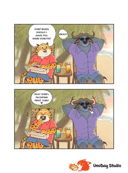 2_horns anthro beverage black_ears blue_body blue_fur chocolate_doughnut countershading dessert dialogue doughnut duo eyewear food fur grass_skirt horn long_tail male markings overweight overweight_male pastry pink_frosted_sprinkled_doughnut sitting spots spotted_markings spotted_tail striped_markings striped_tail stripes sunglasses tail tail_markings text white_body white_countershading yellow_body yellow_fur unoday_studio disney zootopia benjamin_clawhauser chief_bogo buffalo cheetah felid feline mammal comic english_text
