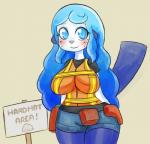 anthro anthrofied belt belt_pouch big_breasts blue_eyes blue_hair blush bottomwear breaking_the_rules breasts clothed clothing female freckles hair pokemorph safety_vest shirt shorts sign simple_background smile solo text tool_belt topwear unprofessional_behavior vest basketgardevoir nintendo pokemon celeste_(basketgardevoir) generation_5_pokemon mammal oshawott pokemon_(species)