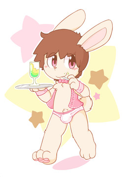 anthro barefoot biped blush bow_(feature) bow_tie brown_hair bulge chest_tuft clothed clothing eating feet food glass hair holding_object looking_at_viewer male open_clothing open_topwear open_vest panties pattern_background pawpads pink_eyes pink_nose pink_pawpads pubes shota simple_background skimpy smile solo star star-shaped_background star_polygon toony topwear tuft underwear vest waiter walking young young_anthro young_male oob lagomorph leporid mammal rabbit 2017 hi_res