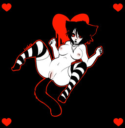 black_hair black_lipstick black_nose breasts clothing cross cross_necklace female genitals hair heart_symbol jewelry legwear lipstick looking_at_viewer lying makeup navel necklace nipple_piercing nipples nude on_back pattern_clothing pattern_legwear piercing red_eyes solo spread_legs spreading stockings striped_clothing striped_legwear stripes tail vulva lolo_(artist) animal_humanoid cat_humanoid felid felid_humanoid feline feline_humanoid humanoid mammal mammal_humanoid