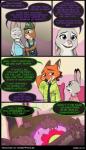 2018 anthro black_border bonnie_hopps border brown_eyes buckteeth canid canine chair clothed clothing comic dialogue dipstick_ears disney ear_markings english_text female fox furniture green_eyes group hand_behind_head hat headgear headwear hi_res judy_hopps lagomorph leporid male mammal multicolored_ears necktie nick_wilde overalls purple_eyes rabbit red_fox robertfiddler sitting speech_bubble standing stu_hopps teeth text true_fox zootopia