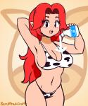 animal_print animal_print_bikini bikini black_eyes breasts cleavage clothed clothing cow_print cow_print_bikini female hair hand_behind_head holding_object humanoid_pointy_ears long_hair looking_at_viewer milk navel not_furry open_mouth pattern_bikini pattern_clothing pattern_swimwear pointy_ears red_hair solo swimwear two-piece_swimsuit scruffmuhgruff nintendo the_legend_of_zelda malon humanoid hylian 2019 2d_animation 5:6 animated frame_by_frame hi_res loop short_playtime