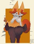 ambiguous_gender anthro blush huge_ears inner_ear_fluff looking_away pseudo_clothing red_eyes solo stick tail thick_thighs tuft sarifairy nintendo pokemon braixen generation_6_pokemon pokemon_(species) hi_res