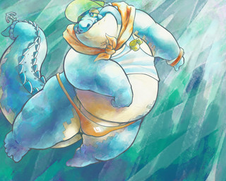 anthro belly big_belly blue_body blue_scales clothing fat_upper_pubic_area hat headgear headwear male overweight overweight_anthro overweight_male scales solo speedo swimming swimwear underwater visor_cap water whistle_(object) boroten lifewonders tokyo_afterschool_summoners makara_(tas) crocodile crocodilian reptile scalie absurd_res hi_res