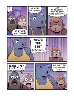 6_panel_comic angry anthro black_clothing black_shirt black_topwear blue_clothing blue_shirt blue_topwear brown_body brown_fur clothing crossed_arms cute_fangs dialogue eyes_closed fangs fur grey_body group male open_mouth pink_clothing pink_shirt pink_topwear question_mark shirt shocked speech_bubble tank_top teeth text topwear yellow_clothing yellow_shirt yellow_topwear t0l0k bert_(t0l0k) earl_(t0l0k) hector_(t0l0k) izzy_(t0l0k) haplorhine mammal monkey pilosan primate rhinoceros sengi sloth xenarthran comic english_text hi_res multiple_scenes