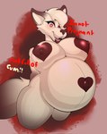 anthro belly big_belly big_breasts breasts female heart_nipples heart_symbol huge_belly inflation lips nipple_dip nipples red_eyes solo text thick_bottom_lip white_body foxgumie canid canine fox mammal english_text hi_res