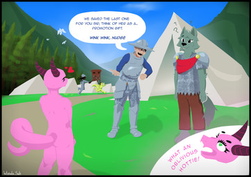 anthro armor black_border border bound breastplate captain_(wistala_sah) chainmail codpiece confusion coniferous_forest dialogue female fog gesturing_at_object greaves headgear helmet helmeted_human inner_thoughts male mountain nude objectification palona_(wistala_sah) pauldron sabatons sash speech_bubble tents text valley watchtower wistala_sah greg_(wistala_sah) juno_(wistala_sah) rathi_(wistala_sah) avian bird canid canine canis columbid dove human humanoid kobold mammal scalie wolf english_text hi_res