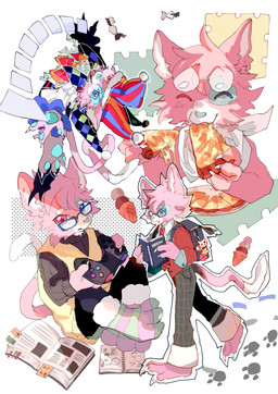 abstract_background anthro backpack biped blue_body blue_clothing blue_eyes blue_fur blue_hat blue_headwear blue_nose blue_pawpads cheese_pizza claws clothed clothing controller dipstick_tail eating eyes_closed eyewear food fool's_hat footprint fur game_controller gaming glasses hat headgear headwear heart_(marking) heart_symbol heterochromia ice_cream_cone jester jester_outfit long_tail looking_at_viewer male markings multicolored_body multicolored_fur multiple_outfits multiple_poses orange_clothing orange_hat orange_headwear pattern_clothing pattern_hat pattern_headgear pattern_headwear pawpads pawprint paws pink_body pink_eyes pink_fur pizza pose reading red_clothing red_hat red_headwear round_glasses sharp_teeth shoeless simple_background smile solo striped_clothing striped_hat striped_headgear striped_headwear stripes tail tail_markings teeth toe_claws white_body white_fur daniel_re6 august_(meowmcmeow) domestic_cat felid feline felis mammal absurd_res digital_media_(artwork) hi_res