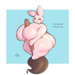 anthro big_breasts blush breasts brush eyes_closed female happy huge_breasts mascot pink_body simple_background slightly_chubby smile solo text thick_thighs lightmizano inkbunny inkbunny_(character) lagomorph leporid mammal rabbit 1:1 english_text hi_res