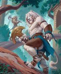 2024 acrylic_painting_(artwork) ajani_goldmane anthro armor axe biped bracers braided_hair caraid catfolk digitigrade duo felid hair hasbro hi_res hindpaw jewelry leather leather_armor leglet leonin lion looking_at_viewer magic:_the_gathering male male_anthro mammal muscular muscular_anthro muscular_male necklace official_art outside painting_(artwork) pantherine paws plant traditional_media_(artwork) tree weapon wizards_of_the_coast