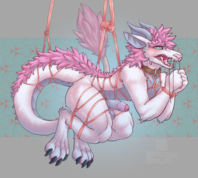 anthro bdsm blush bodily_fluids bondage bound claws collar foreskin fur genitals hair horn male nude penis pink_body pink_fur pink_hair restraints rope rope_bondage rope_harness solo suspension suspension_bondage sweat sweatdrop tail 1oi conditional_dnp asian_mythology mythology spinel_(waveshine) dragon eastern_dragon mythological_creature mythological_scalie scalie absurd_res hi_res