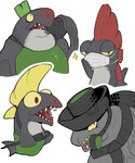 anthro armor crooked_teeth green_hair group hair male mask red_eyes simple_background wearing_mask white_background yellow_sclera lb_aventadors nintendo splatoon big_shot_(splatoon) drizzler_(splatoon) fish marine salmonid_(splatoon) steel_eel_driver steelhead hi_res