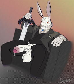 balls big_balls black_tie_(suit) bodily_fluids bottomwear chair clothed clothing dripping eyewear furniture genital_fluids genitals glasses gloves gradient_penis grin half-erect handwear holding_melee_weapon holding_object holding_sword holding_weapon male melee_weapon on_chair open_bottomwear open_clothing open_pants orange_eyes pants partially_clothed penis precum precum_drip simple_background sitting sitting_on_chair smile solo suit sword weapon wearing_glasses white_body white_clothing white_gloves white_handwear halley_karillion white_rabbit_(dmc) humanoid hi_res