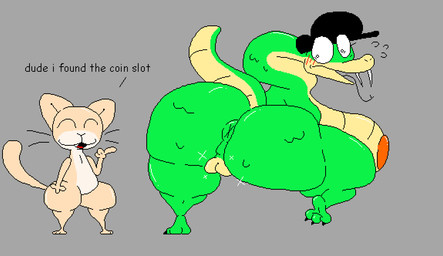 anthro anus areola armless big_breasts big_butt blush blush_lines bodily_fluids breasts butt clothing dialogue duo eyes_closed fangs female genitals gesture glistening glistening_body glistening_butt green_body grey_background hand_gesture hat hat_only headgear headgear_only headwear headwear_only huge_breasts huge_butt hyper long_neck male mostly_nude multicolored_body nude open_mouth pointing pointing_at_another puffy_anus raised_leg scales simple_background size_difference snout standing surprised sweat tail tan_body teeth text thick_thighs tongue tongue_out underbelly vulva whiskers white_sclera x_anus nxyitn bababooey_(nxyitn) lucy_swallows domestic_cat felid feline felis mammal reptile scalie snake tabby_cat aliasing digital_media_(artwork)