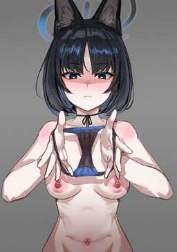 bangs black_eyes black_hair breasts choker clothing eyebrow_through_hair eyebrows eyelashes female frown hair halo holding_clothing holding_object holding_panties holding_underwear jewelry necklace panties solo translucent translucent_hair underwear bow_(artist) blue_archive nexon kikyou_kiryuu animal_humanoid cat_humanoid felid felid_humanoid feline feline_humanoid humanoid mammal mammal_humanoid