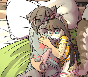 adolescent anthro anthro_on_anthro arm_around_back arm_around_shoulders ball_fondling balls bed bedding bird's-eye_view bite biting_lip biting_own_lip blue_eyes blush bodily_fluids circumcised clothed clothing dominant dominant_male duo erection femboy fondling foreplay furniture genital_fluids genitals hair hand_on_chest high-angle_view humanoid_genitalia humanoid_penis long_hair looking_at_another looking_at_genitalia looking_at_partner looking_at_penis looking_at_self lying male male/male midriff on_back on_bed on_side one_eye_closed panties partially_clothed penis penis_poking_out precum reach_around self_bite shirt smile submissive submissive_male topwear underwear underwear_down young young_anthro young_on_young domovoi_lazaroth camp_pines akio_(domovoi_lazaroth) vee_(domovoi_lazaroth) domestic_cat felid feline felis mammal digital_media_(artwork) shaded