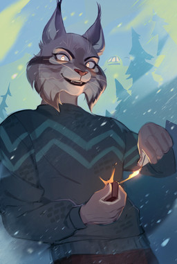 anthro bottomwear clothed clothing fire fur grey_body grey_fur holding_matchstick holding_object looking_at_viewer male matchbox matchstick open_mouth pants smile solo standing sweater teeth topwear neisa disney zootopia pawbert_lynxley canada_lynx felid feline lynx mammal digital_media_(artwork) hi_res