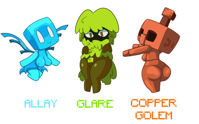 big_butt black_eyes blue_body breasts brown_body brown_eyes butt empty_eyes female front_view genitals green_body group looking_at_viewer nipples simple_background smile text thick_thighs trio vulva white_background white_eyes wide_hips impstripe microsoft minecraft mojang xbox_game_studios allay copper_golem_(minecraft) glare_(minecraft) golem_(minecraft) humanoid hi_res