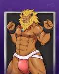 5_fingers absurd_res angry anthro bandai_namco blonde_hair bottomwear bulge clothed clothing cuff_(restraint) digimon digimon_(species) ear_piercing ear_ring fingers fur hair hi_res jock jockstrap kento267 kidnap kidnapping leomon male muscular muscular_anthro muscular_male nipples orange_body orange_fur pants piercing restraints ring_piercing shackles solo submissive submissive_male underwear