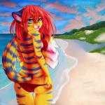 anthro beach bikini clothed clothing cloud detailed_background female hair looking_at_viewer outside red_hair sand seaside skimpy sky solo swimwear two-piece_swimsuit whiskers nayel-ie tracy_(nrg900) felid mammal pantherine tiger 1:1 hi_res