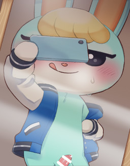 anthro balls blonde_hair blue_body blue_fur blush bodily_fluids bottomless cellphone censor_bar censored_genitalia censored_penis chibi clothed clothing electronics erection fur genital_fluids genitals hair ineffective_censorship jacket jacket_only letterman_jacket male open_clothing open_jacket open_topwear penis phone picture_frame precum selfie small_penis smartphone solo sweat tapering_penis tongue tongue_out topwear topwear_only young young_anthro 774 animal_crossing nintendo sasha_(animal_crossing) lagomorph leporid mammal rabbit censored digital_media_(artwork) shaded adult_(lore)