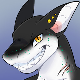anthro ear_piercing freckled_face freckles gills looking_at_viewer male piercing pupils sharp_teeth slit_pupils smile solo teeth rindeadsong aquatic fish shark 1:1