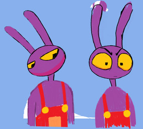 anthro black_eyes clothing fur gloves handwear long_ears male overalls purple_body purple_ears purple_fur red_clothing red_overalls solo wide_eyed yellow_clothing yellow_gloves yellow_handwear yellow_sclera light-koe-pinsky glitch_productions the_amazing_digital_circus jax_(tadc) lagomorph leporid mammal rabbit hi_res