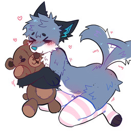 >_< anthro blep blue_body blue_fur blue_nose blush butt clothing eyes_closed femboy fur hug hugging_object hugging_plushie kneeling legwear legwear_only male mostly_nude pattern_clothing pattern_legwear pattern_stockings pink_clothing pink_legwear pink_thigh_highs plushie solo stockings stockings_only striped_clothing striped_legwear striped_stockings stripes tail tail_motion tailwag thigh_highs tongue tongue_out white_body white_fur autothanasia emil_(demensa) canid canine canis coyote domestic_dog mammal 1:1 hi_res