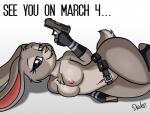 2015 anthro areola biped breasts chest_tuft clothing conditional_dnp disney drako1997 english_text female fingerless_gloves fur gloves gun half-closed_eyes handgun handwear hi_res ineffective_clothing judy_hopps lagomorph leporid looking_at_viewer lying mammal narrowed_eyes navel nipples on_side pistol purple_eyes rabbit ranged_weapon scut_tail short_tail simple_background solo tail text tuft weapon white_background wide_hips zootopia