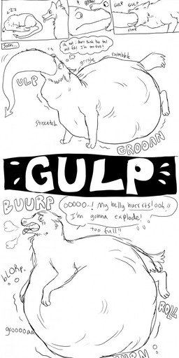 ambiguous_gender belly belly_on_ground big_belly bloated bodily_fluids burping churn dialogue digestion duo feral feral_pred gulp_(sound_effect) immobile lying nom on_front rumbling_stomach size_difference smaller_pred swallowing sweat tears vore 934 mythology canid canine dragon mammal mythological_creature mythological_scalie scalie 2016 comic hi_res monochrome