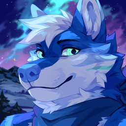 anthro aurora_(phenomenon) blue_body blue_eyes blue_fur blue_kerchief blue_neckerchief cheek_tuft detailed_background facial_tuft fangs front_view fur glistening glistening_eyes hair kerchief looking_at_viewer male male_anthro mouth_closed neck_tuft neckerchief neckwear night outside short_hair solo teeth tuft white_body white_fur white_hair corzh77 canid canine mammal 1:1 bust_portrait detailed hi_res portrait