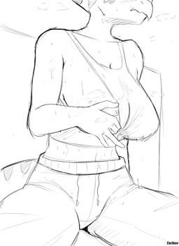 5_fingers anthro areola big_breasts bodily_fluids bottomwear breasts clothing crop_top curvy_figure facial_horn female fingers flashing horn long_tail nipple_slip nipples nose_horn outside pants shirt side_boob sitting snout solo sweat sweatdrop sweatpants tail text topwear voluptuous voluptuous_anthro voluptuous_female yeik_art cavemanon_studios goodbye_volcano_high ko_op_(game_developer) snoot_game trish_(gvh) ceratopsian ceratopsid chasmosaurine dinosaur marginocephalian ornithischian prehistoric_species reptile scalie triceratops 2025 artist_name hi_res monochrome watermark