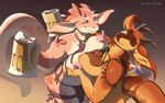 alcohol anthro beer beverage breasts clothing drinking duo erect_nipples female female/female horn long_nipples nipples open_mouth smile tail syringa kobold scalie 16:10 2024 digital_media_(artwork) hi_res widescreen