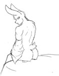 anthro bed butt clothing furniture hair hair_bun male night nude shirt solo topwear undressing caesarmeow bernard_berrisford albino lagomorph leporid mammal rabbit hi_res sketch