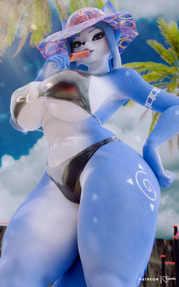 anthro big_breasts bikini black_bikini black_clothing black_swimwear blue_body blue_eyes blue_fur blue_hair breasts clothing ears_through_headwear female food fur hair hat headgear headwear looking_at_viewer markings multicolored_body multicolored_fur popsicle popsicle_in_mouth solo sun_hat swimwear tail thick_thighs tribal tribal_markings two-piece_swimsuit two_tone_body two_tone_fur white_body white_fur foxventus dogzeela_(modeler) nintendo star_fox krystal_(star_fox) canid canine fox mammal 2025 3d_(artwork) digital_media_(artwork) hi_res
