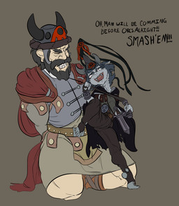 anthro armor cape clenched_teeth clothed clothing crossgender duo female headgear helmet human_on_anthro interspecies leather male male/female melee_weapon mtf_crossgender simple_background sword tassels teeth weapon whip jovial_evil j._r._r._tolkien middle-earth_(tolkien) the_lord_of_the_rings lord_of_the_lash canid human mammal orc hi_res