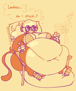 anthro banana beach_chair belly beverage big_belly bikini breasts clothing eyewear female food footwear fruit hair holding_banana holding_beverage holding_object huge_belly morbidly_obese morbidly_obese_anthro morbidly_obese_female navel obese obese_anthro obese_female overweight overweight_anthro overweight_female palm_tree plant sandals shoes sitting smile solo stuck stuck_in_chair sunglasses swimwear text tree two-piece_swimsuit snoozyrat bloons_tower_defense ninja_kiwi admiral_brickell lifeguard_brickell haplorhine mammal monkey primate english_text