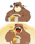 anthro biped blush brown_body brown_fur eating eyes_closed food fur honey_(food) kemono solo text hyaku_(artist) nintendo pokemon bear generation_2_pokemon mammal pokemon_(species) ursaring 2022 hi_res japanese_text translation_request